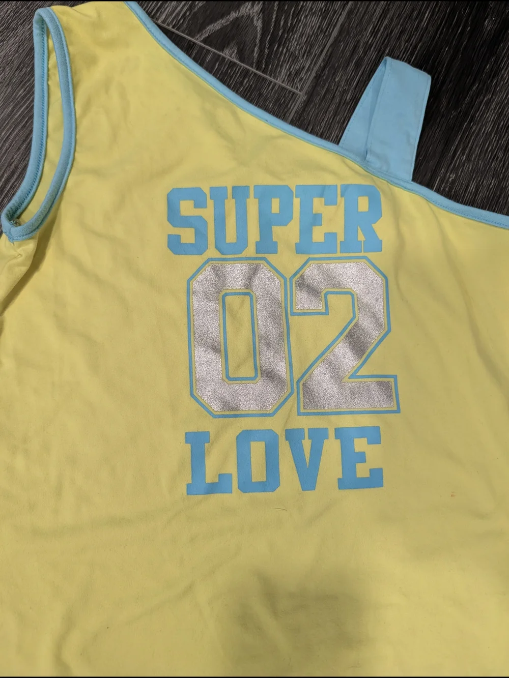 Forever 21 Yellow One-Shoulder Tank with Blue Trim & Silver '02'